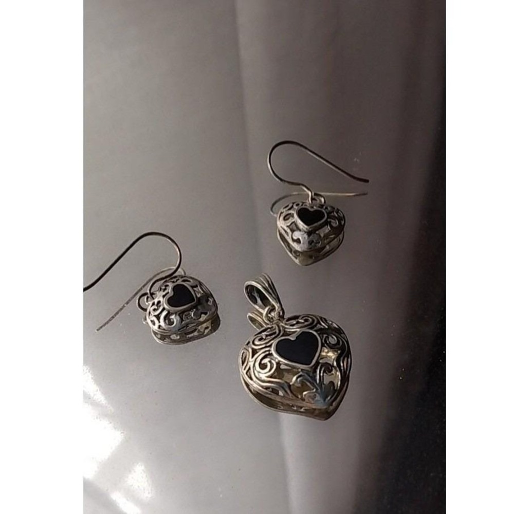 Sterling Silver 925 Filigree Heart Pendant and Earrings Set Black Onyx Inlay